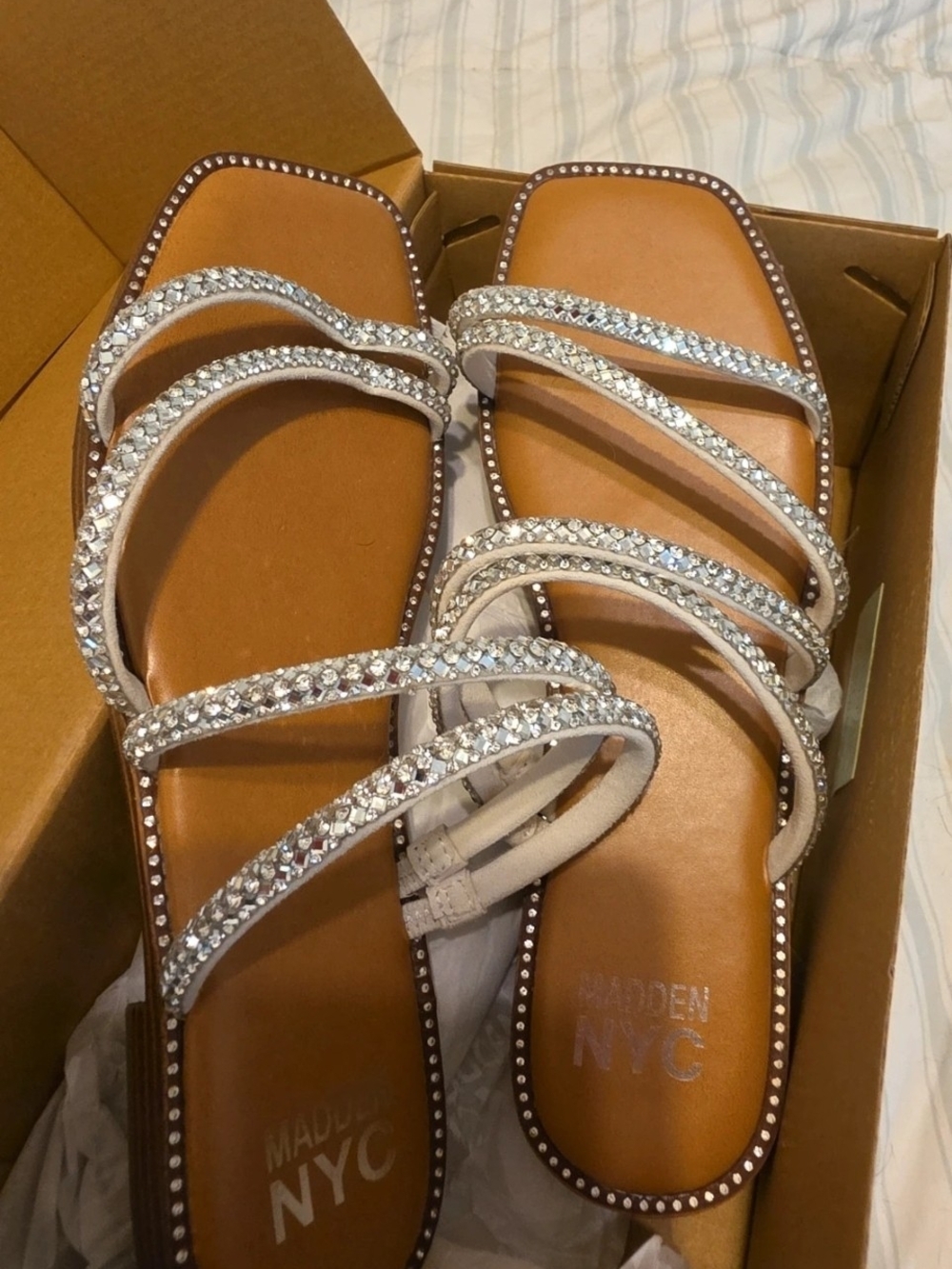 Crystal-Strap White Slide Sandals - MADDEN NYC